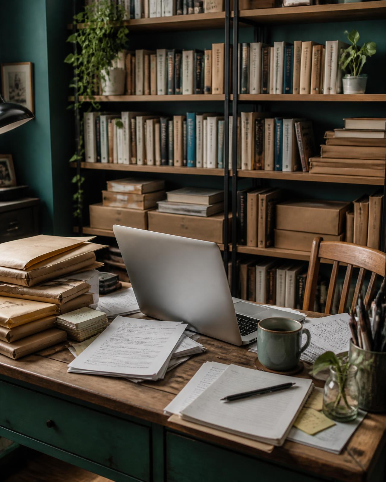 The Paper Sack Publishing desk — manuscripts, kraft mailers and a wall of bookshelves