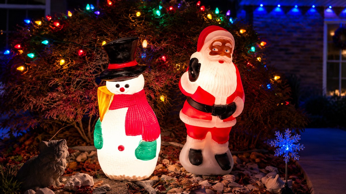 vintage blow mold snowman and santa