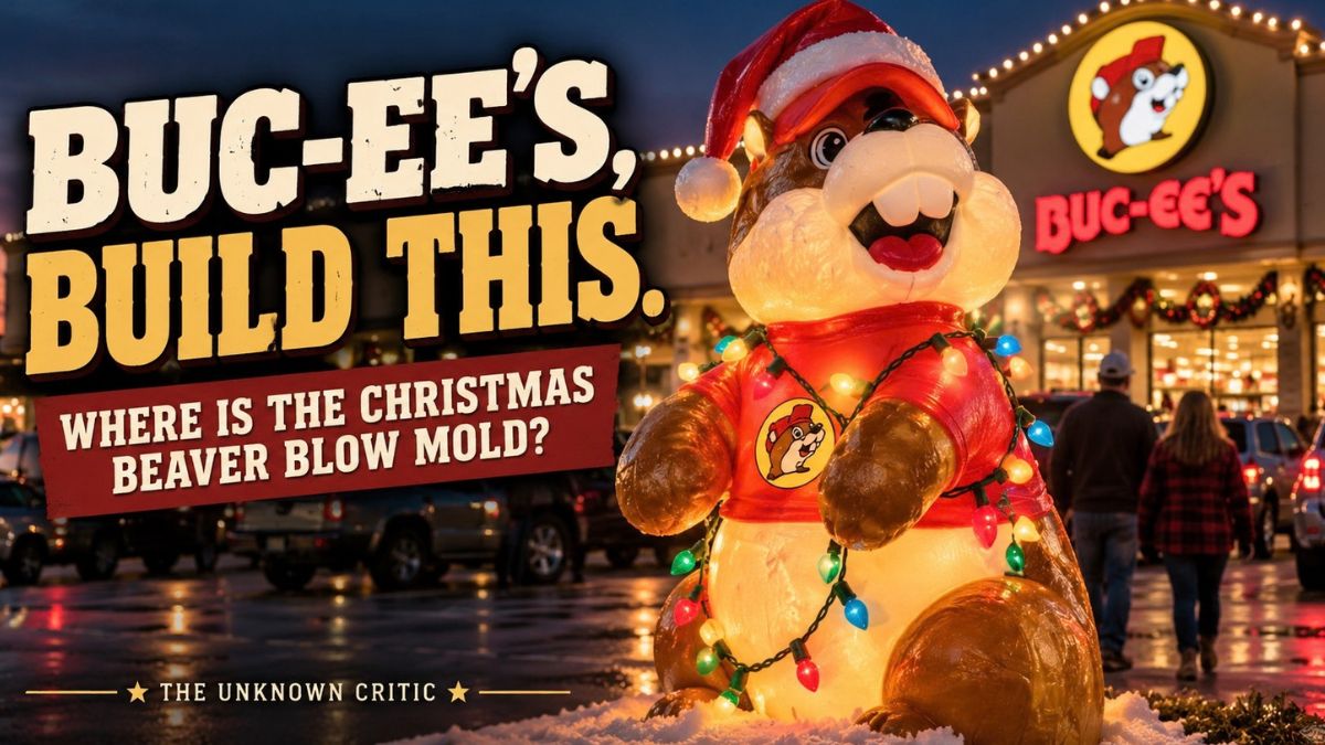 Concept of a Buc-ee’s Christmas Beaver blow mold glowing outside a Buc-ee’s travel center