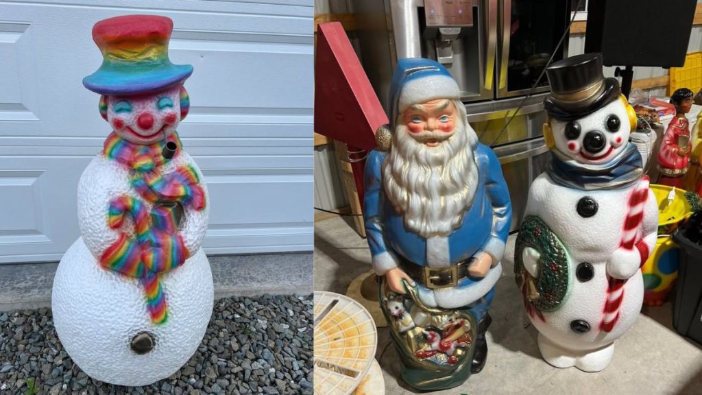 Rainbow airbrushed blow mold snowman and painted Santa & snowman blow molds, courtesy of Nick. 