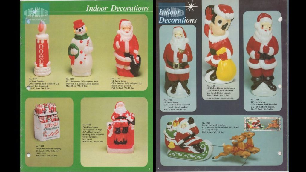 Vintage Empire blow mold catalog pages featuring snowman, Santa, Disney characters, etc. 