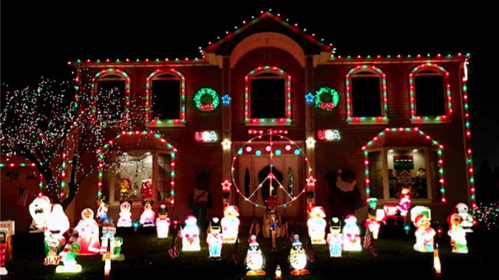 Christmas blow mold display known by Brandon Gress as the House Behind Toys R Us