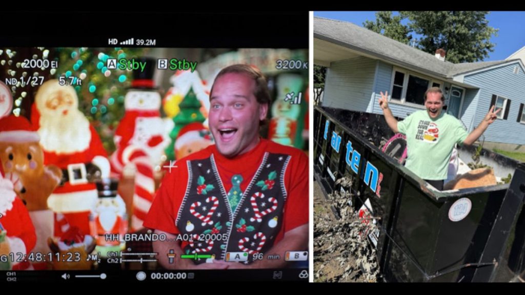 Brandon Gress filming Hoarding for the Holidays with vintage blow molds