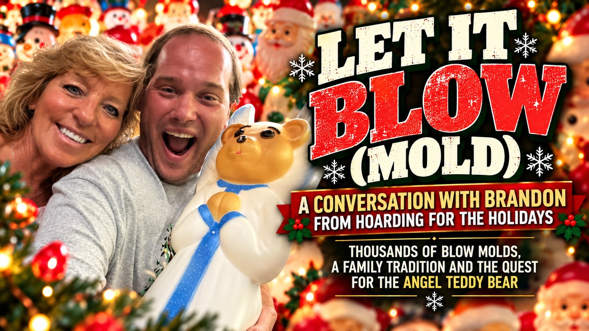Brandon Gress and his mother Lori with the Angel Teddy Bear blow mold featured in Hoarding for the Holidays