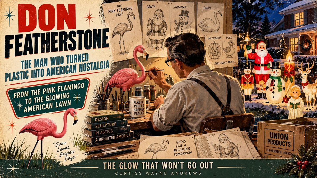 Don Featherstone pink flamingo and vintage Union Products blow molds celebrating the history of American plastic lawn decorations