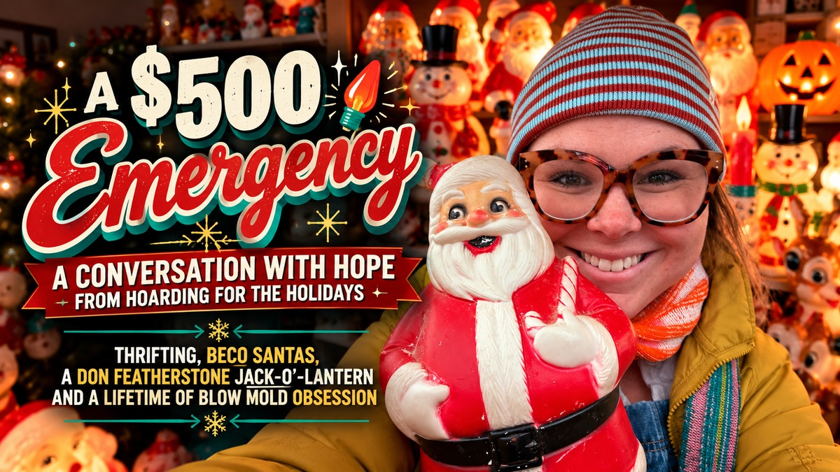 Hope Holubowicz holding a vintage Santa blow mold from her collection featured on Hoarding for the Holidays
