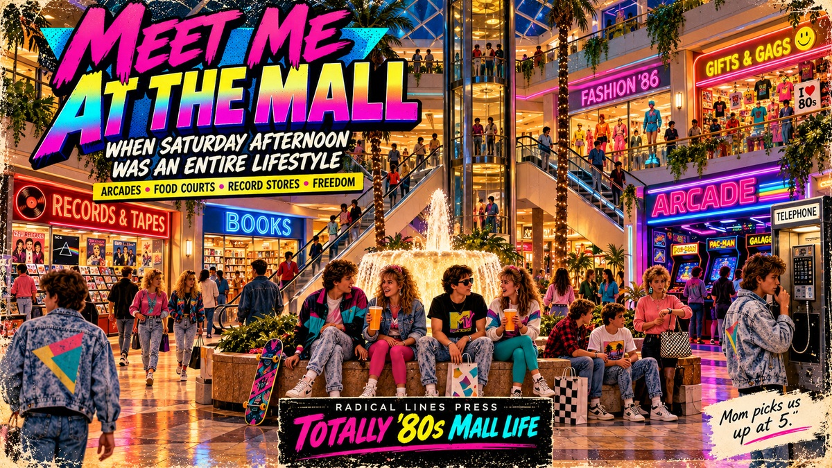1980s mall nostalgia with teenagers, arcade, record store, food court, fountain and neon shopping mall