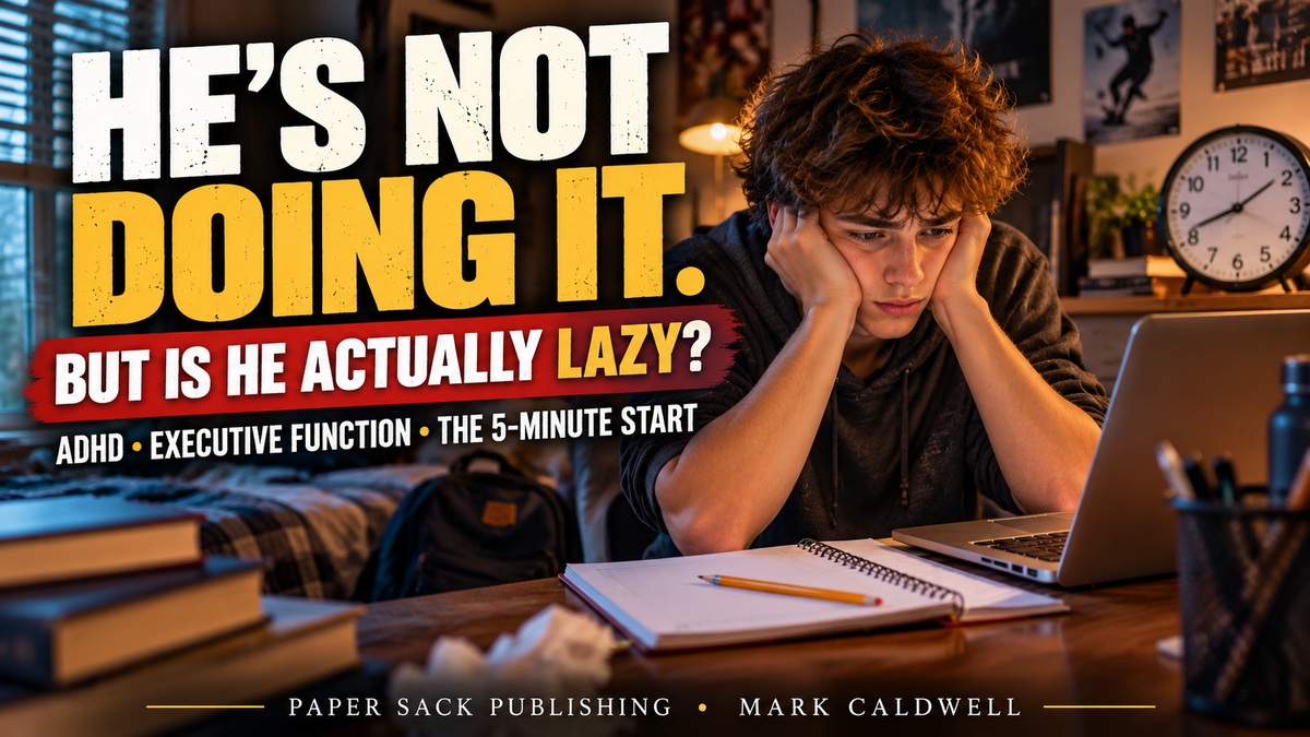 Teen boy with ADHD struggling to start homework, illustrating executive dysfunction and task initiation