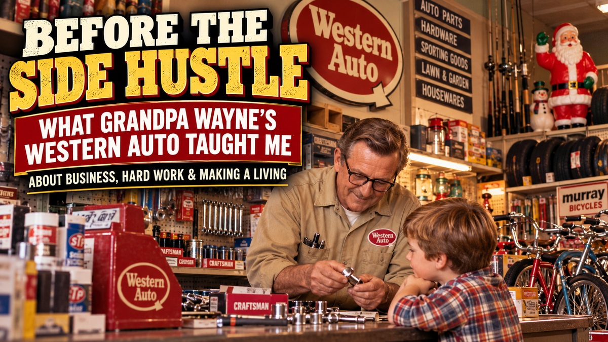 Grandfather and grandson inside a nostalgic Western Auto store illustrating old-school business lessons for modern side hustles