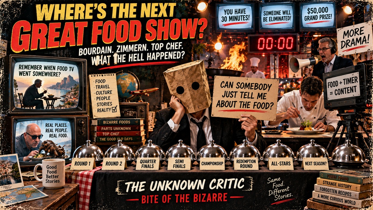 The Unknown Critic asks what happened to great food TV shows and where the next Anthony Bourdain style food series will come from