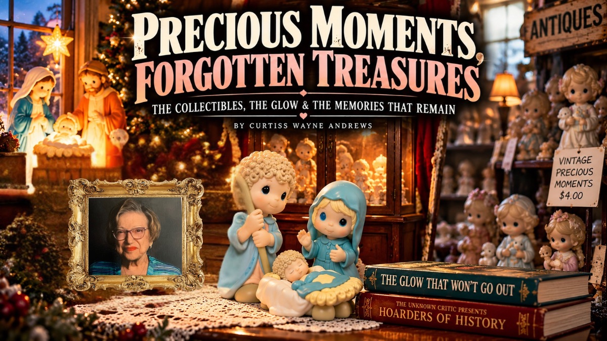 Precious Moments Nativity figures with vintage collectibles, empty picture frames and antique-store displays illustrating CobraCo blow mold history