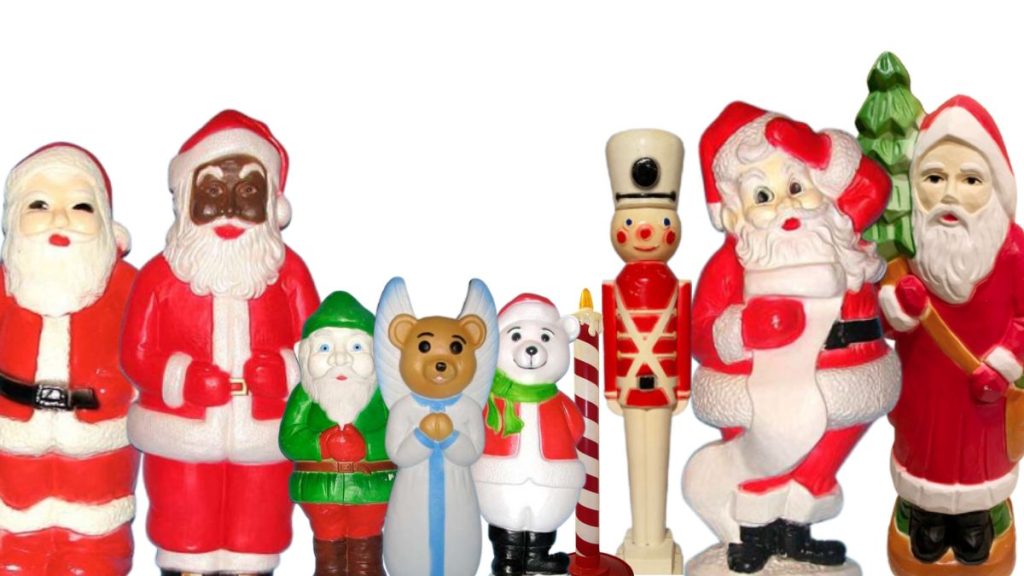 Variety of Union Products blow molds, Santas, elf, angel teddy bear, candle, toy soldier
