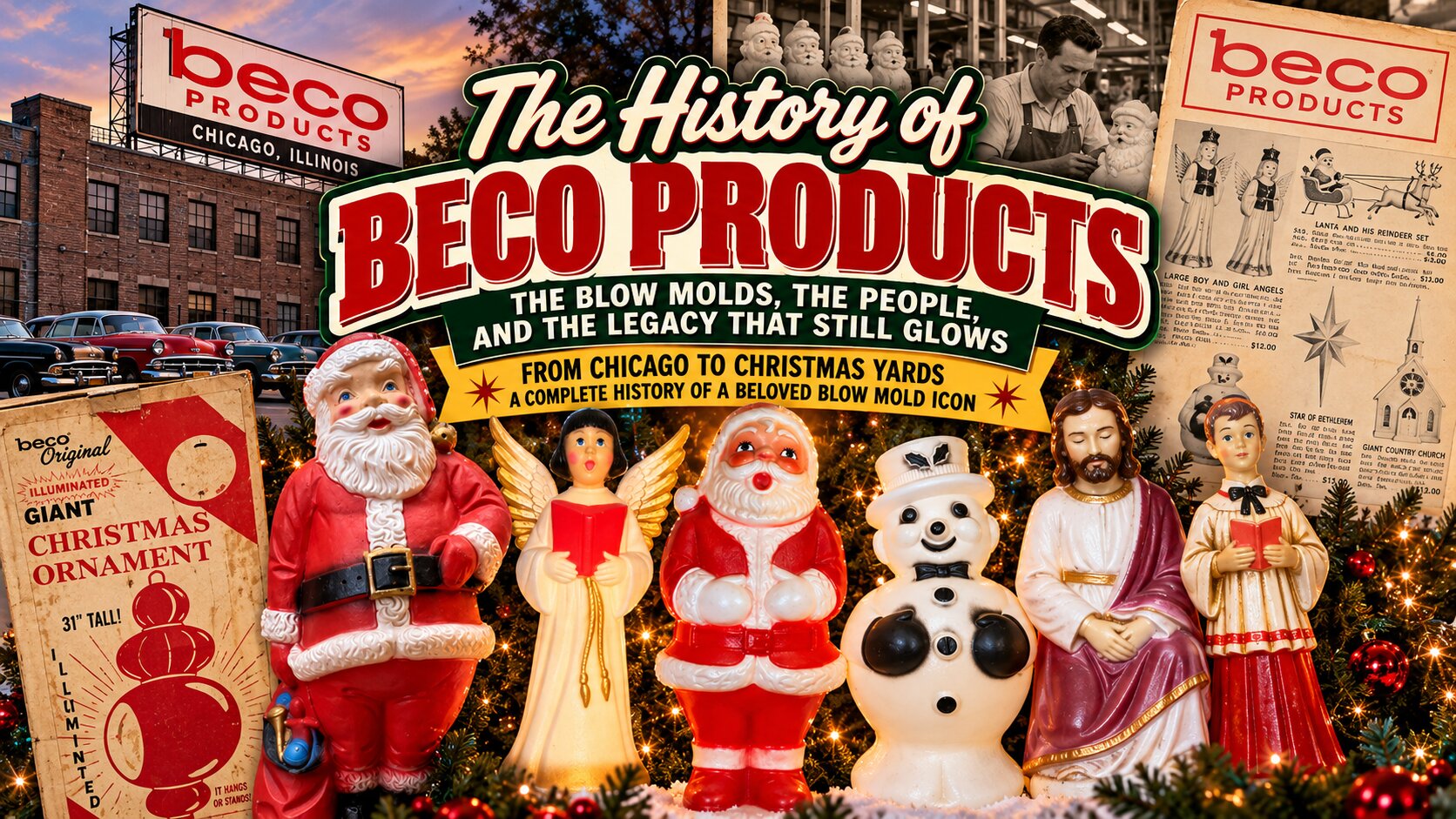 Vintage Beco Products Christmas blow molds featuring Santa Claus, an angel, snowman, Jesus and choirboy in a retro historical collage.