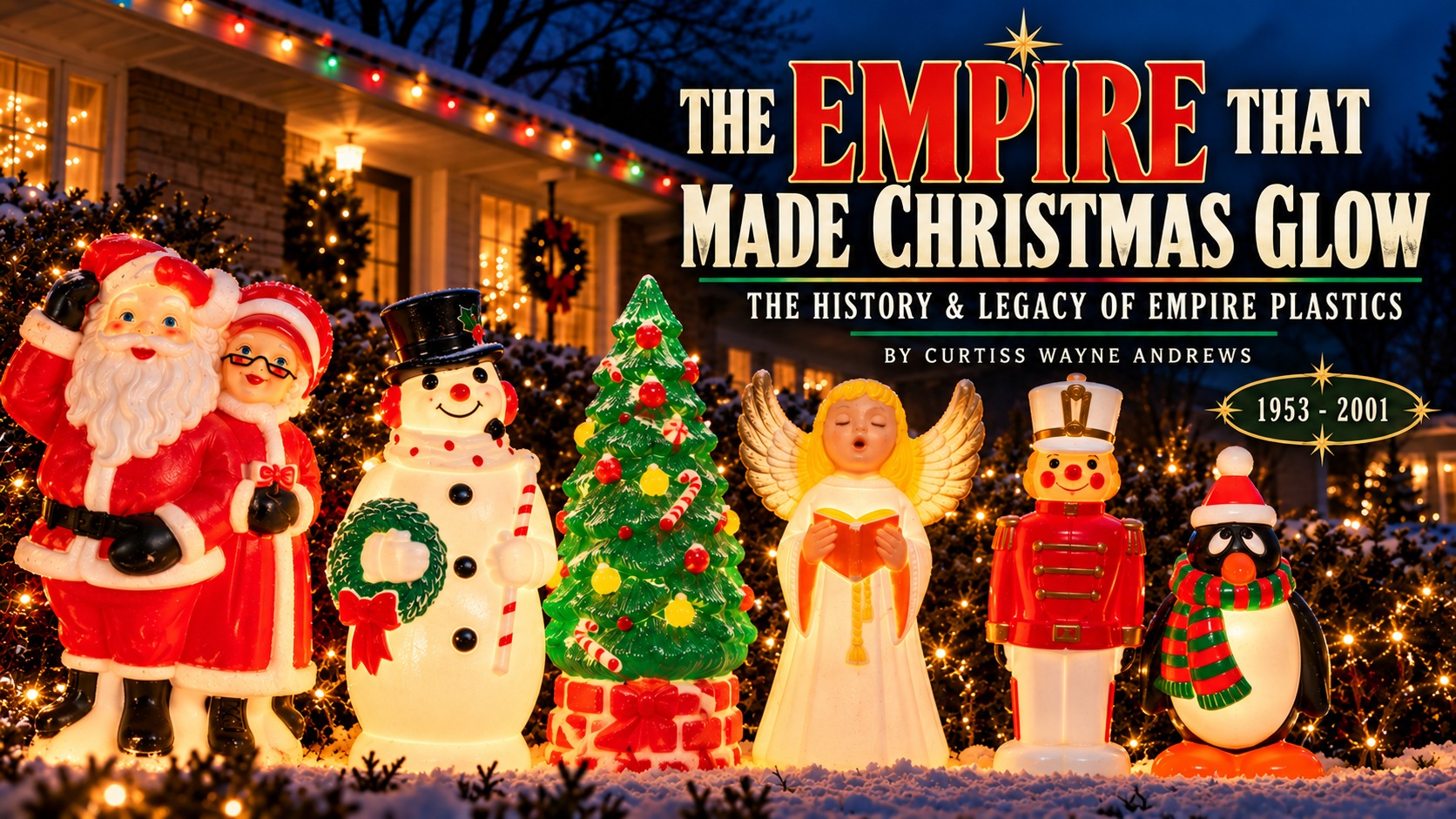 Vintage Empire Plastics Christmas blow molds including Santa, snowman and illuminated holiday figures