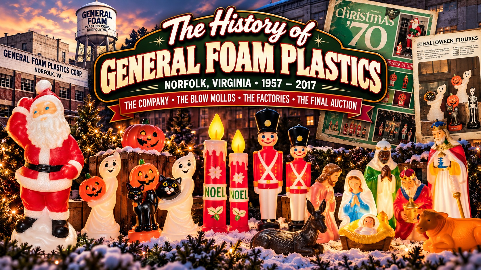 Vintage General Foam Christmas blow molds including Santa, snowman, toy soldier, candles and Nativity figures representing the company's history