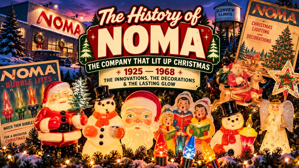 Vintage-inspired NOMA Christmas history collage featuring illuminated Santa and Snowman figures, bubble lights and a snowy midcentury factory
