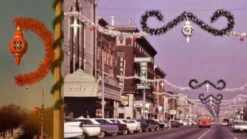 1960s Main Street in America featuring giant ornament municipal blow molds