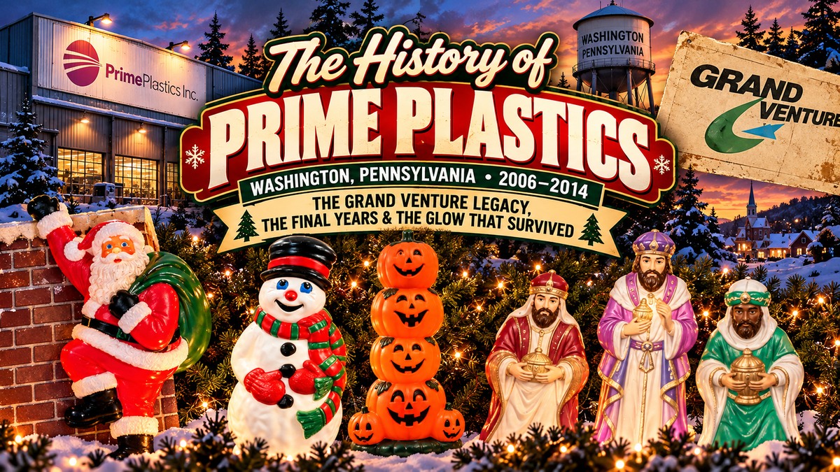 Prime Plastics blow mold history collage featuring Grand Venture Climbing Santa, snowman, Halloween pumpkin tower and Three Wise Men.