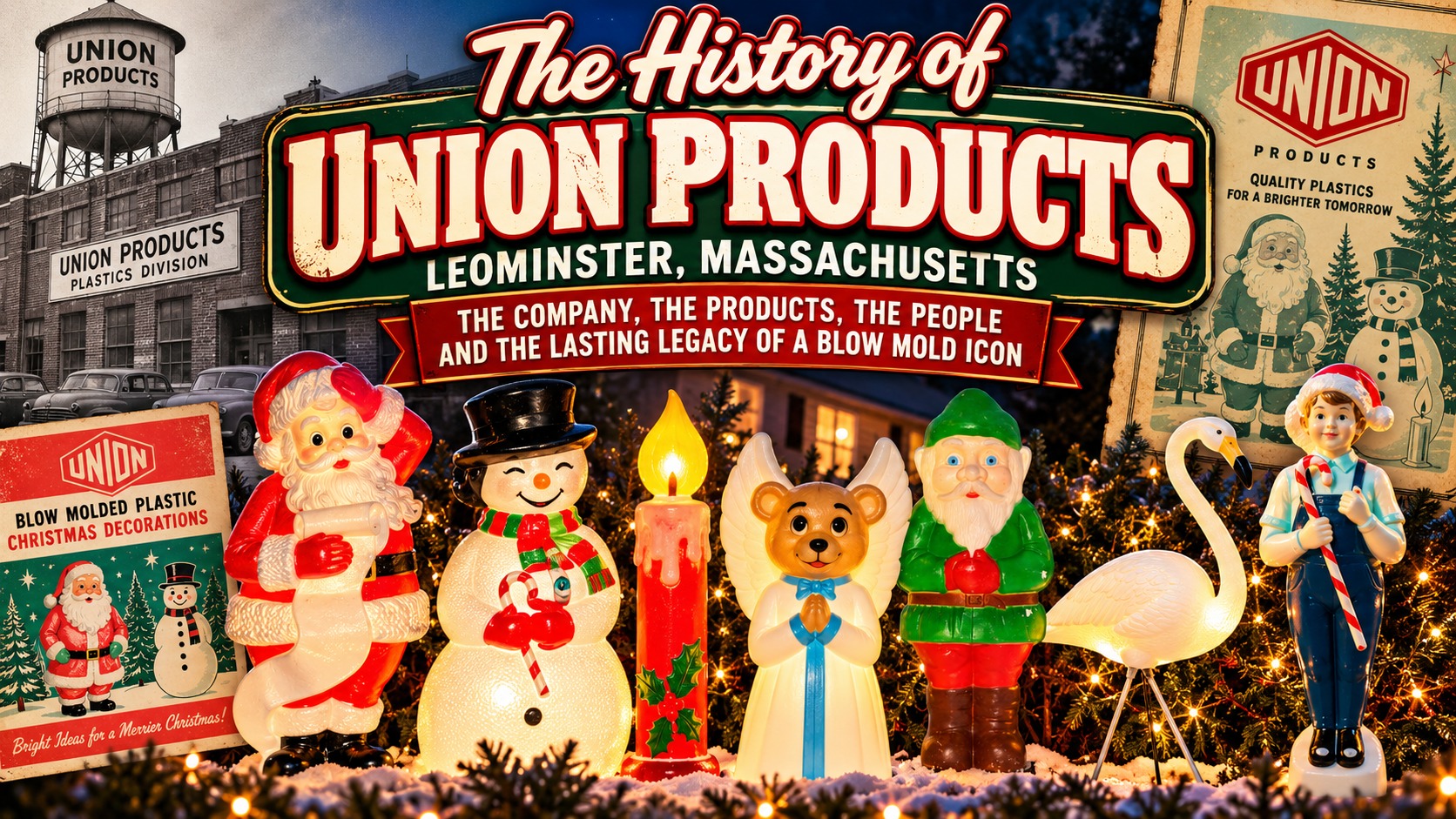 Vintage Union Products Christmas blow molds representing the history of the Leominster Massachusetts plastics company Union Products of Leominster, Massachusetts helped transform molded plastic into American holiday history—from Don Featherstone's famous Pink Flamingo to generations of Christmas and seasonal decorations.